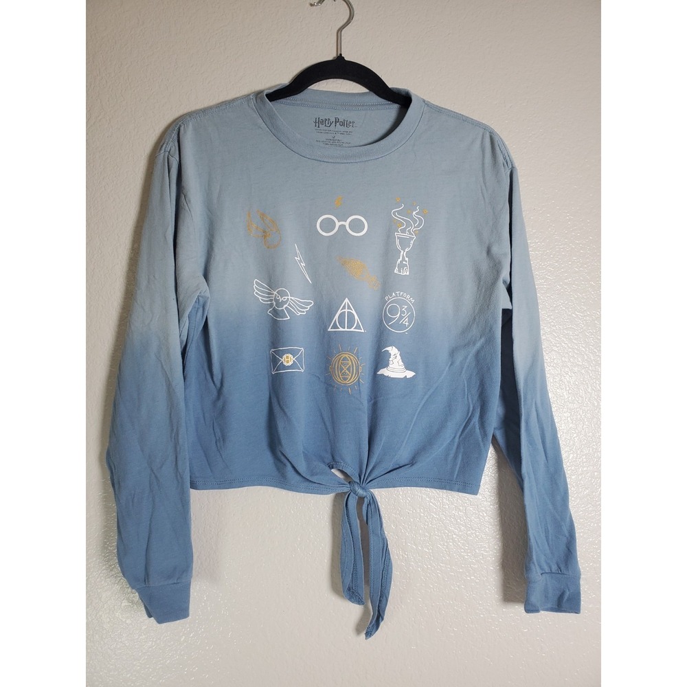 Harry Potter Blue Ombre Crop Top Tie Front Long Sleeve Graphic Shirt Size M